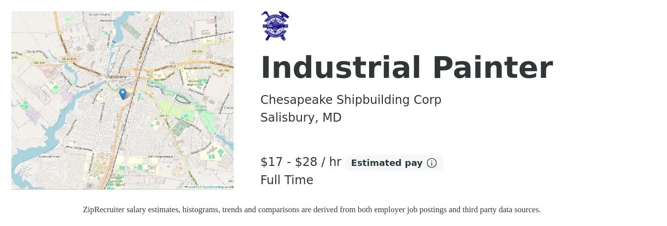 Chesapeake Shipbuilding Corp job posting for a Industrial Painter in Salisbury, MD with a salary of $18 to $30 Hourly with a map of Salisbury location.