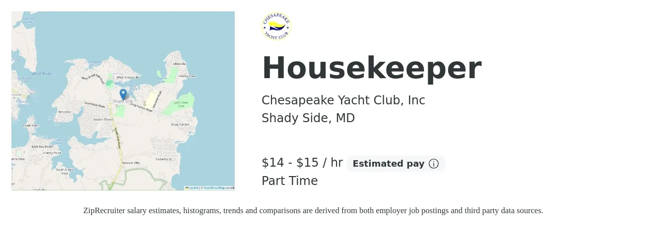 Chesapeake Yacht Club, Inc job posting for a Housekeeper in Shady Side, MD with a salary of $15 to $16 Hourly with a map of Shady Side location.