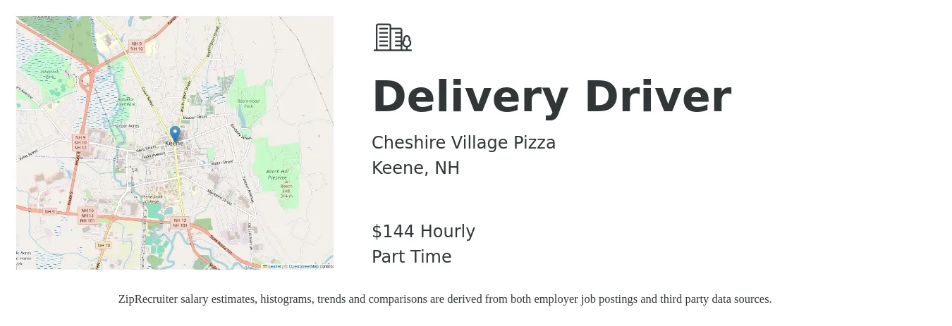 Cheshire Village Pizza job posting for a Delivery Driver in Keene, NH with a salary of $150 Hourly with a map of Keene location.