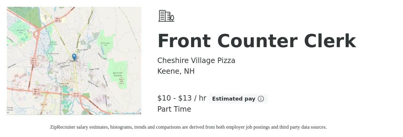 Cheshire Village Pizza job posting for a Front Counter Clerk in Keene, NH with a salary of $11 to $14 Hourly with a map of Keene location.