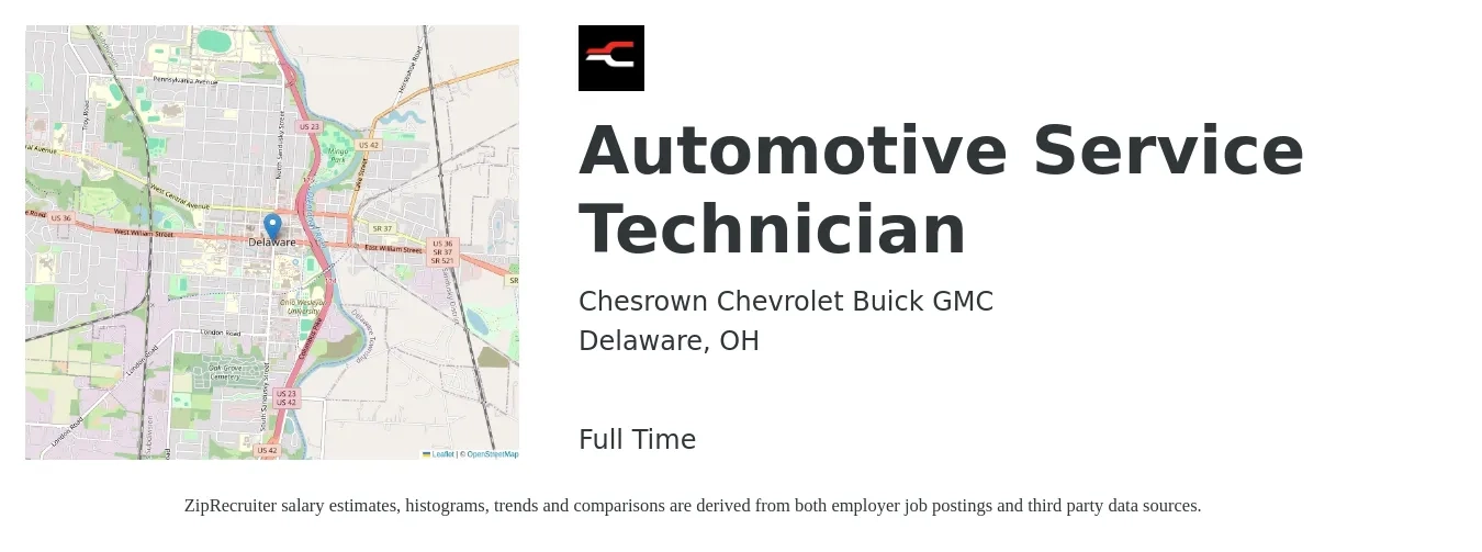 Chesrown Chevrolet Buick GMC job posting for a Automotive Service Technician in Delaware, OH with a salary of $18 to $30 Hourly with a map of Delaware location.