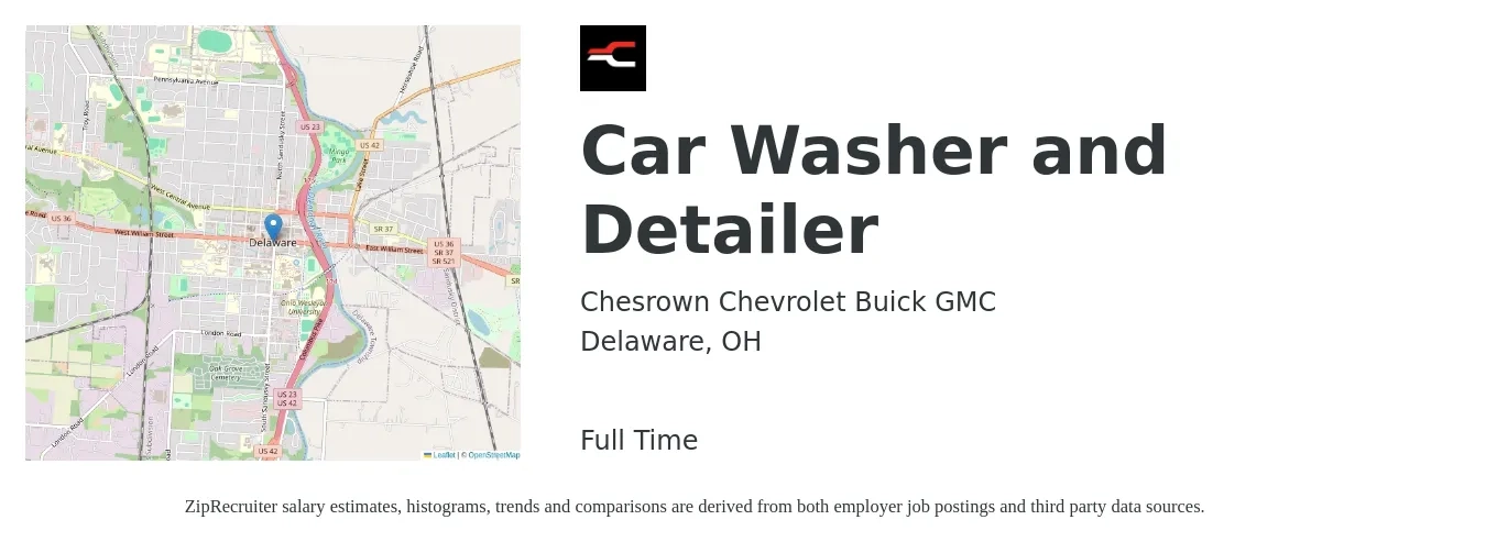 Chesrown Chevrolet Buick GMC job posting for a Car Washer and Detailer in Delaware, OH with a salary of $14 to $16 Hourly with a map of Delaware location.