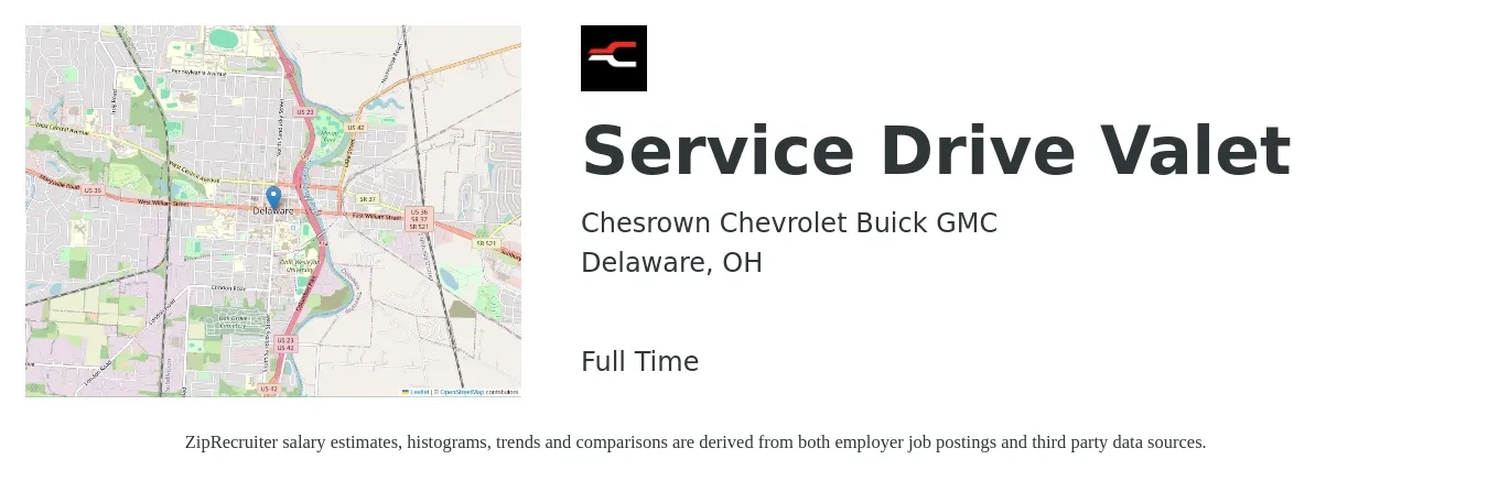 Chesrown Chevrolet Buick GMC job posting for a Service Drive Valet in Delaware, OH with a salary of $14 to $17 Hourly with a map of Delaware location.
