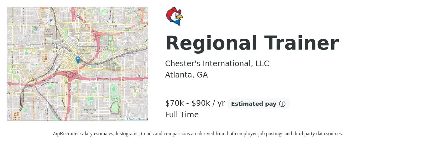 Chester's International, LLC job posting for a Regional Trainer in Atlanta, GA with a salary of $70,000 to $90,000 Yearly with a map of Atlanta location.