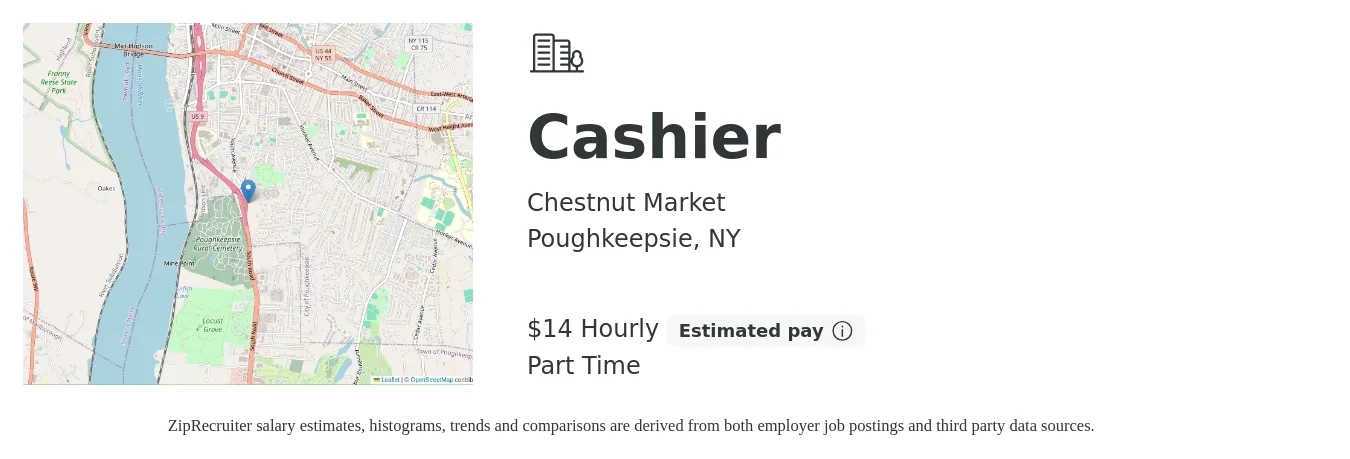 Chestnut Market job posting for a Cashier in Poughkeepsie, NY with a salary of $15 to $16 Hourly with a map of Poughkeepsie location.