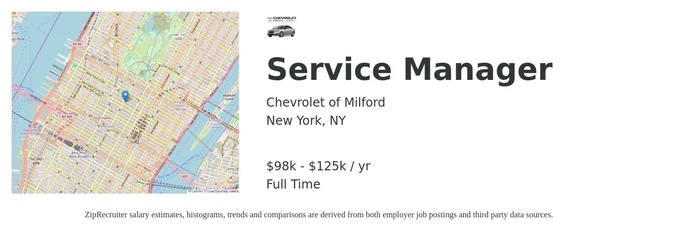 Chevrolet of Milford job posting for a Service Manager in New York, NY with a salary of $98,875 to $125,365 Yearly with a map of New York location.