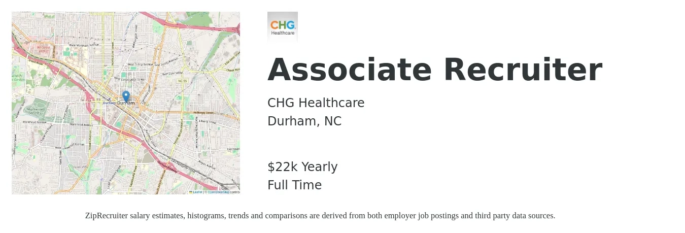 CHG Healthcare job posting for a Associate Recruiter in Durham, NC with a salary of $22,984 Yearly with a map of Durham location.