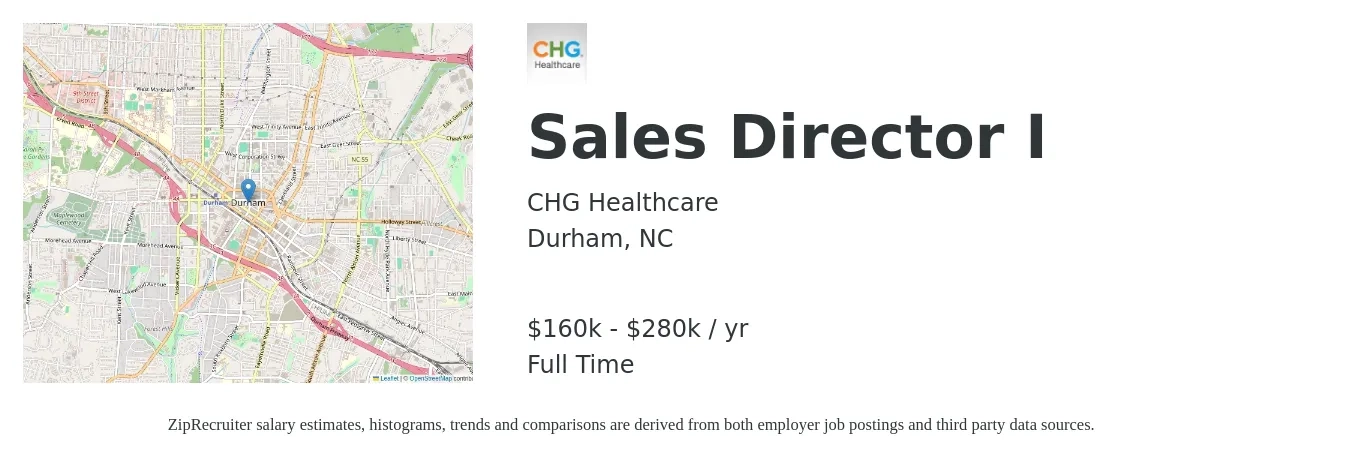 CHG Healthcare job posting for a Sales Director I in Durham, NC with a salary of $160,000 to $280,000 Yearly with a map of Durham location.