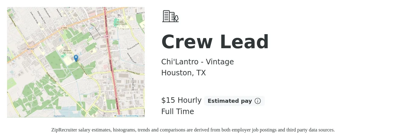 Chi'Lantro - Vintage job posting for a Crew Lead in Houston, TX with a salary of $16 Hourly with a map of Houston location.