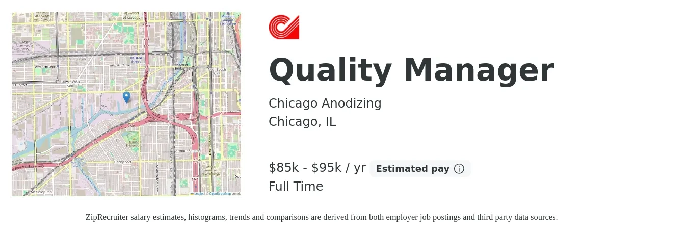 Chicago Anodizing job posting for a Quality Manager in Chicago, IL with a salary of $85,000 to $95,000 Yearly with a map of Chicago location.