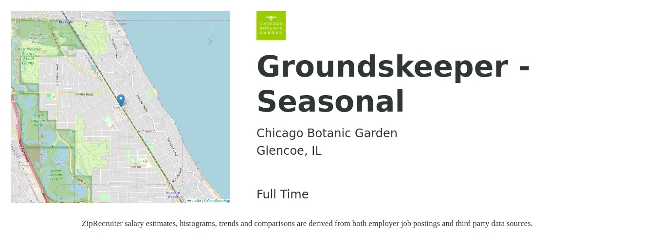 Chicago Botanic Garden job posting for a Groundskeeper - Seasonal in Glencoe, IL with a salary of $16 to $20 Hourly with a map of Glencoe location.