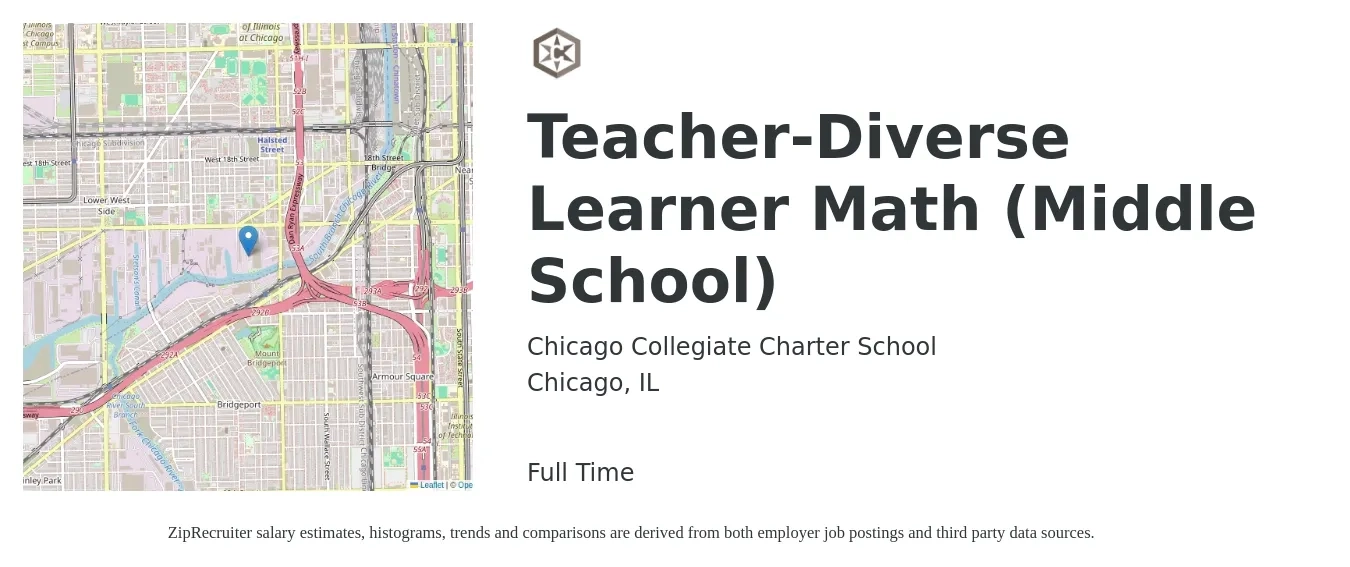 Chicago Collegiate Charter School job posting for a Teacher-Diverse Learner Math (Middle School) in Chicago, IL with a salary of $48,000 to $82,000 Yearly with a map of Chicago location.