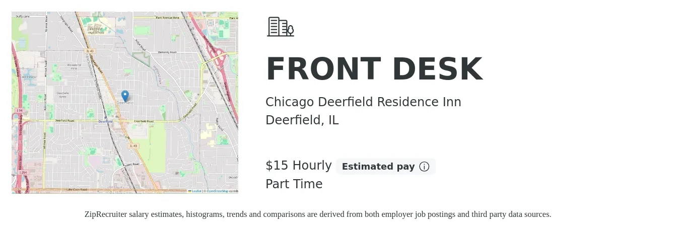 Chicago Deerfield Residence Inn job posting for a FRONT DESK in Deerfield, IL with a salary of $16 Hourly with a map of Deerfield location.
