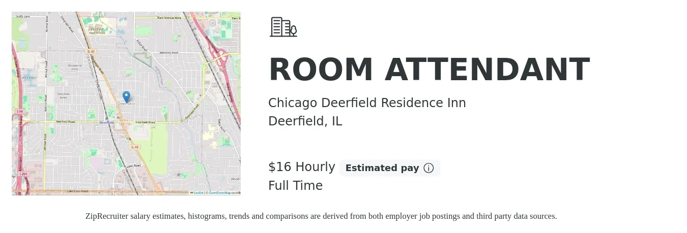 Chicago Deerfield Residence Inn job posting for a ROOM ATTENDANT in Deerfield, IL with a salary of $17 Hourly with a map of Deerfield location.