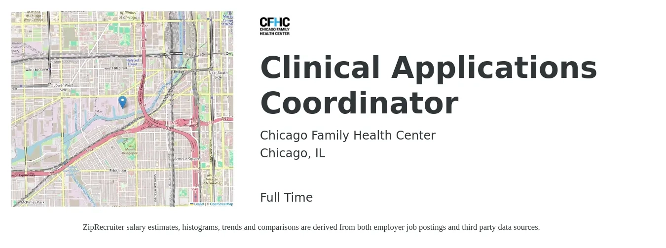 Chicago Family Health Center Inc job posting for a Clinical Applications Coordinator in Chicago, IL with a salary of $22 to $37 Hourly with a map of Chicago location.