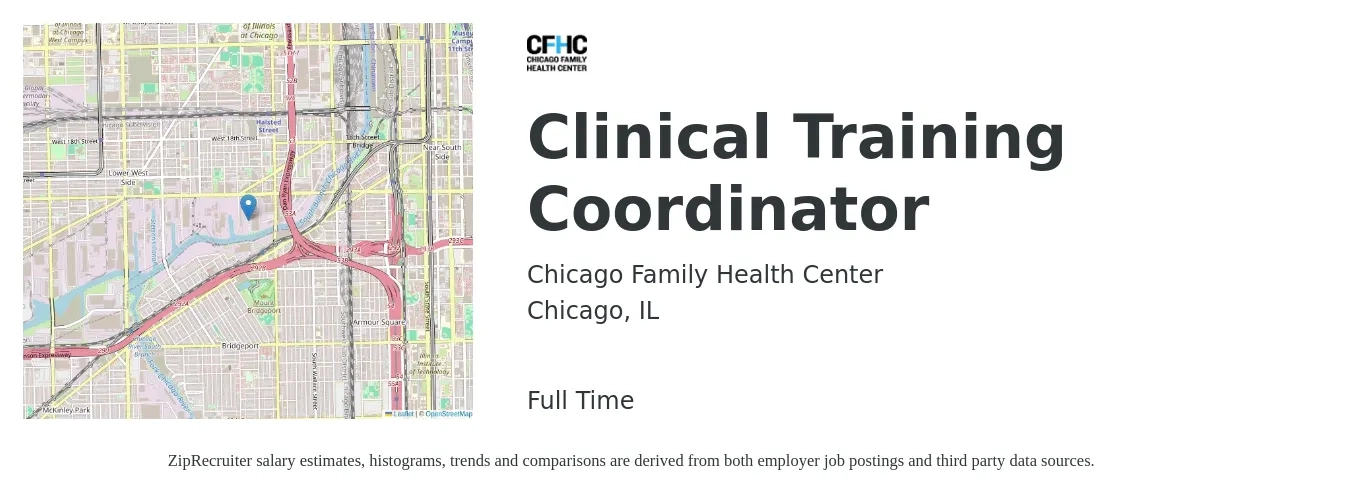Chicago Family Health Center Inc job posting for a Clinical Training Coordinator in Chicago, IL with a salary of $48,000 to $72,200 Yearly with a map of Chicago location.