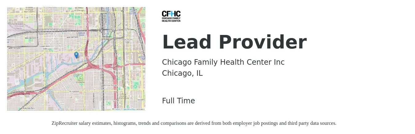 Chicago Family Health Center Inc job posting for a Lead Provider in Chicago, IL with a salary of $61,900 to $92,900 Yearly with a map of Chicago location.