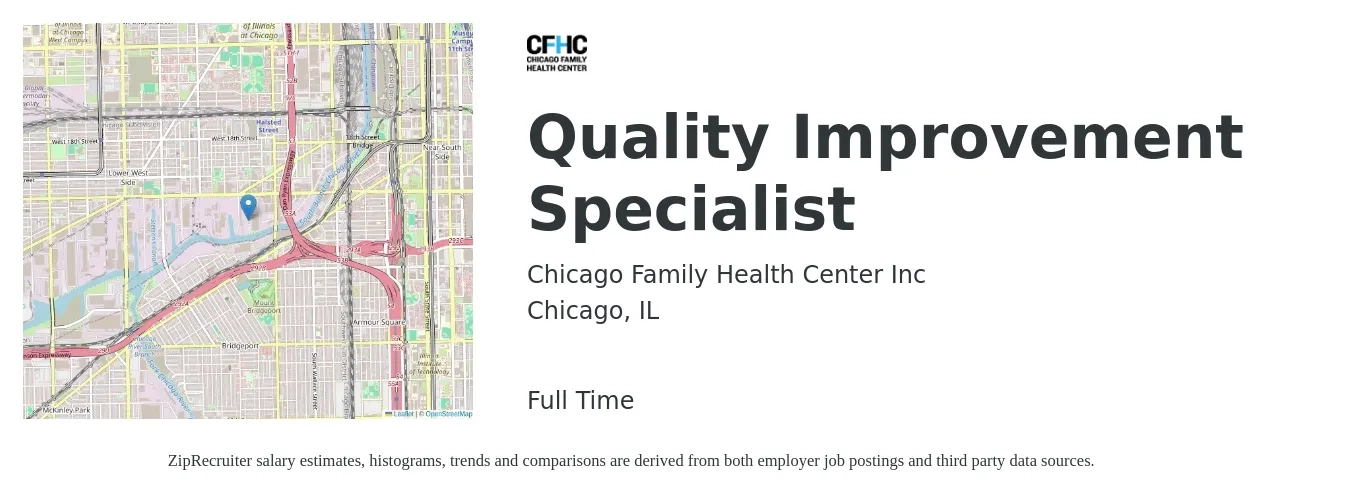 Chicago Family Health Center Inc job posting for a Quality Improvement Specialist in Chicago, IL with a salary of $25 to $36 Hourly with a map of Chicago location.