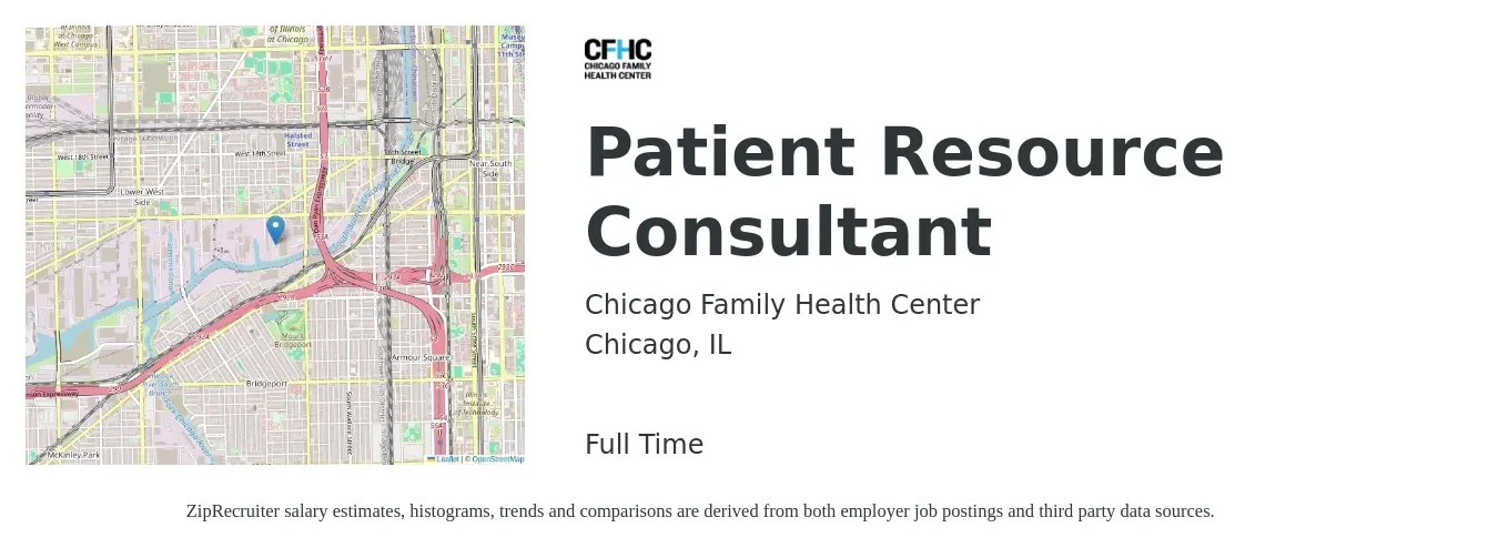 Chicago Family Health Center Inc job posting for a Patient Resource Consultant in Chicago, IL with a salary of $100,500 to $187,100 Yearly with a map of Chicago location.