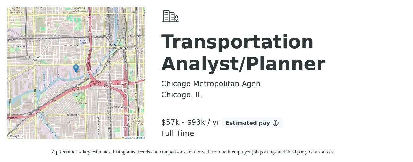 Chicago Metropolitan Agen job posting for a Transportation Analyst/Planner in Chicago, IL with a salary of $57,746 to $93,553 Yearly with a map of Chicago location.