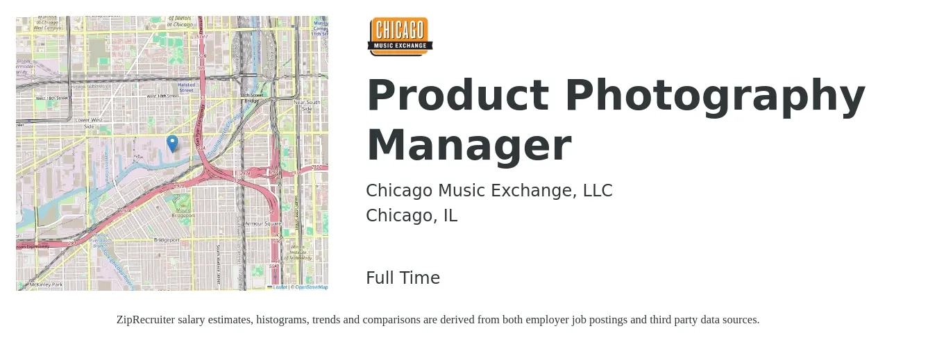 Chicago Music Exchange, LLC job posting for a Product Photography Manager in Chicago, IL with a salary of $45,000 to $52,000 Yearly with a map of Chicago location.