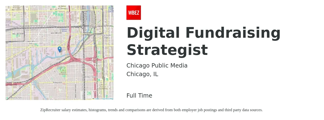 Chicago Public Media job posting for a Digital Fundraising Strategist in Chicago, IL with a salary of $84,500 to $97,300 Yearly with a map of Chicago location.