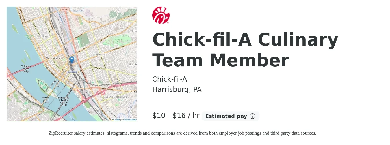Chick-fil-A job posting for a Chick-fil-A Culinary Team Member in Harrisburg, PA with a salary of $11 to $17 Hourly with a map of Harrisburg location.