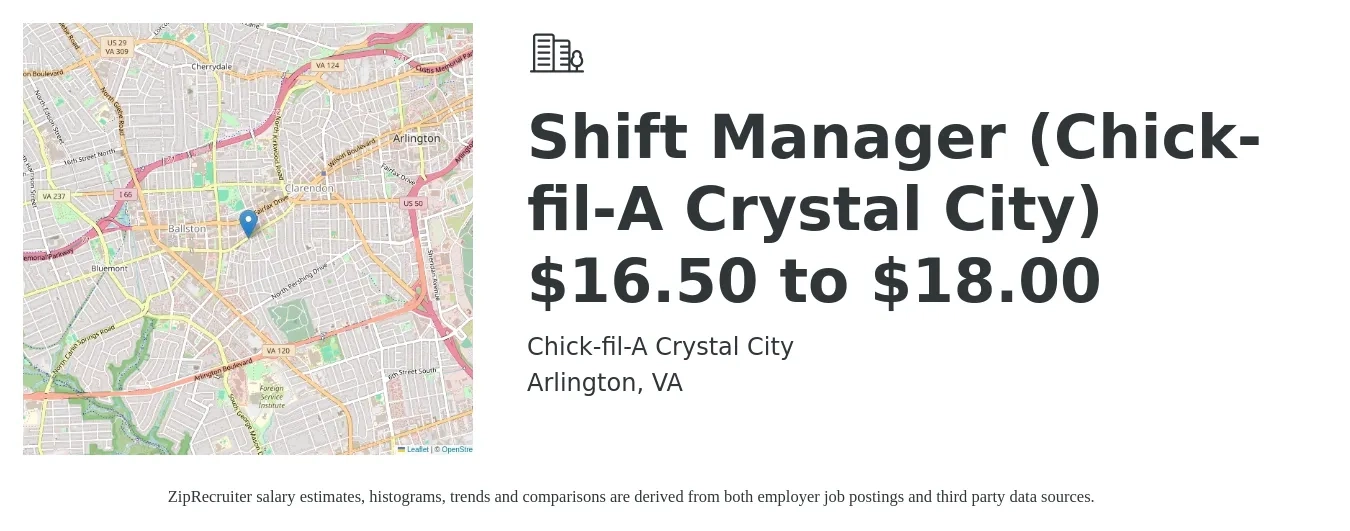 Chick-fil-A Crystal City job posting for a Shift Manager (Chick-fil-A Crystal City) $16.50 to $18.00 in Arlington, VA with a salary of $17 to $22 Hourly with a map of Arlington location.