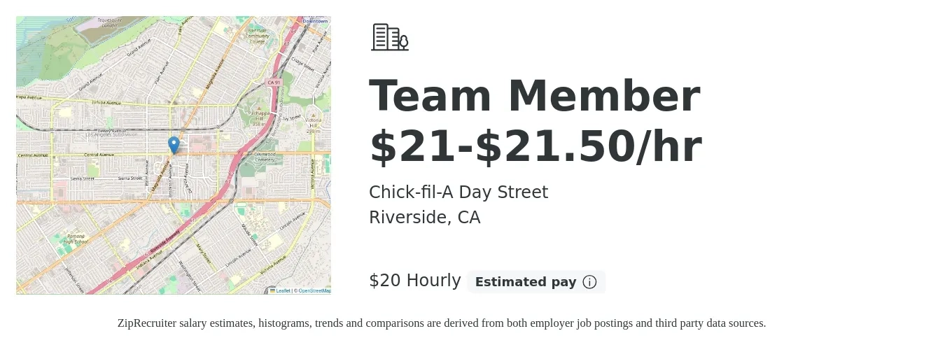 Chick-fil-A Day Street job posting for a Team Member $21-$21.50/hr in Riverside, CA with a salary of $21 Hourly with a map of Riverside location.