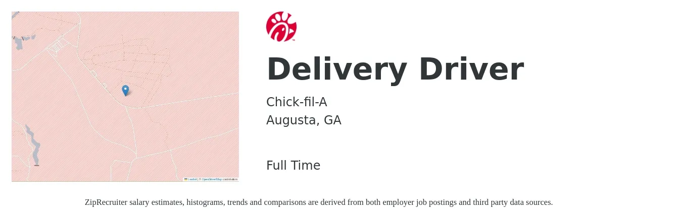 Chick-fil-A job posting for a Delivery Driver in Augusta, GA with a salary of $14 to $17 Hourly with a map of Augusta location.