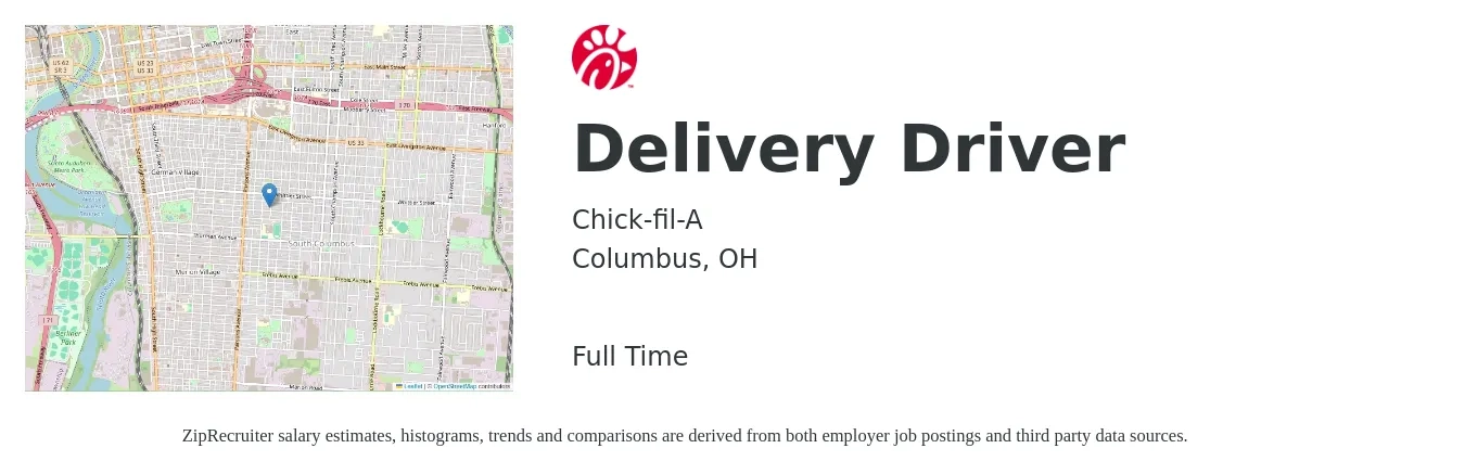 Chick-fil-A job posting for a Delivery Driver in Columbus, OH with a salary of $16 to $20 Hourly with a map of Columbus location.