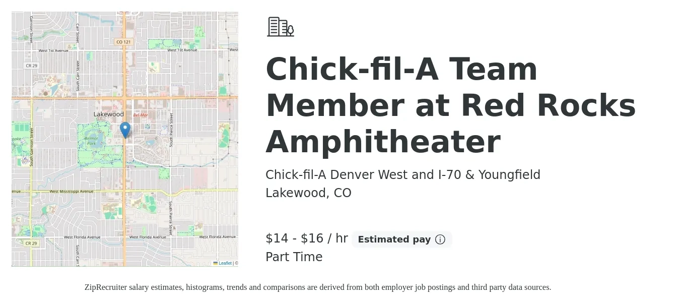 Chick-fil-A Denver West and I-70 & Youngfield job posting for a Chick-fil-A Team Member at Red Rocks Amphitheater in Lakewood, CO with a salary of $15 to $18 Hourly with a map of Lakewood location.