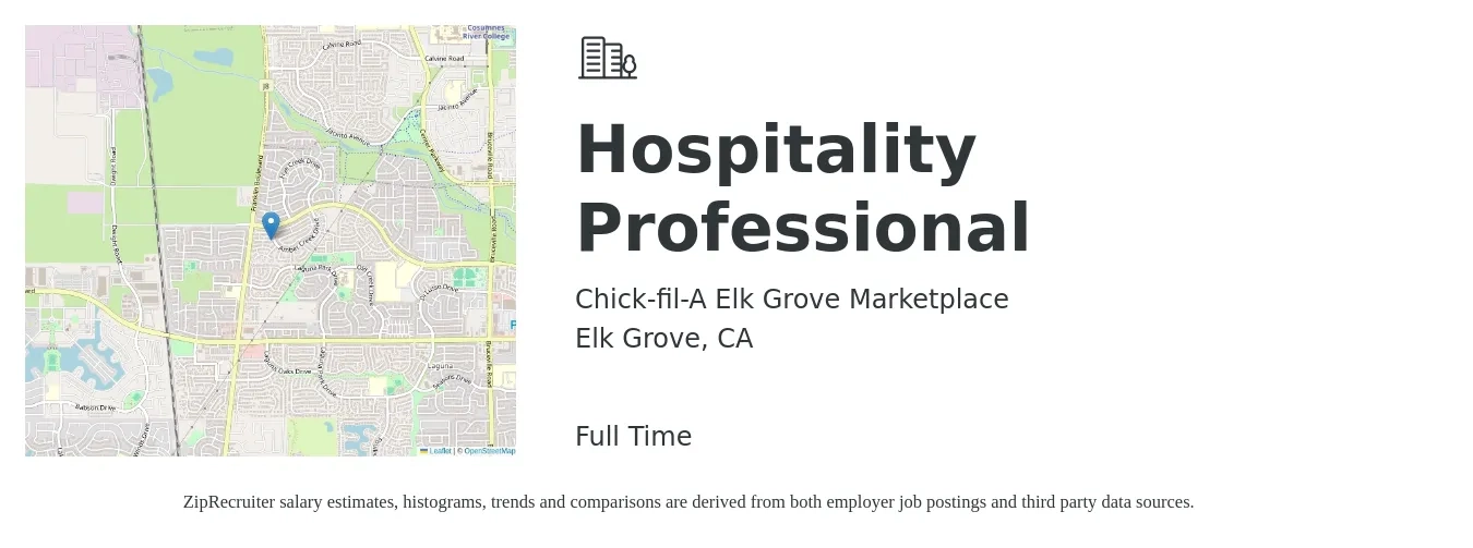Chick-fil-A Elk Grove Marketplace job posting for a Hospitality Professional in Elk Grove, CA with a salary of $16 to $30 Hourly with a map of Elk Grove location.