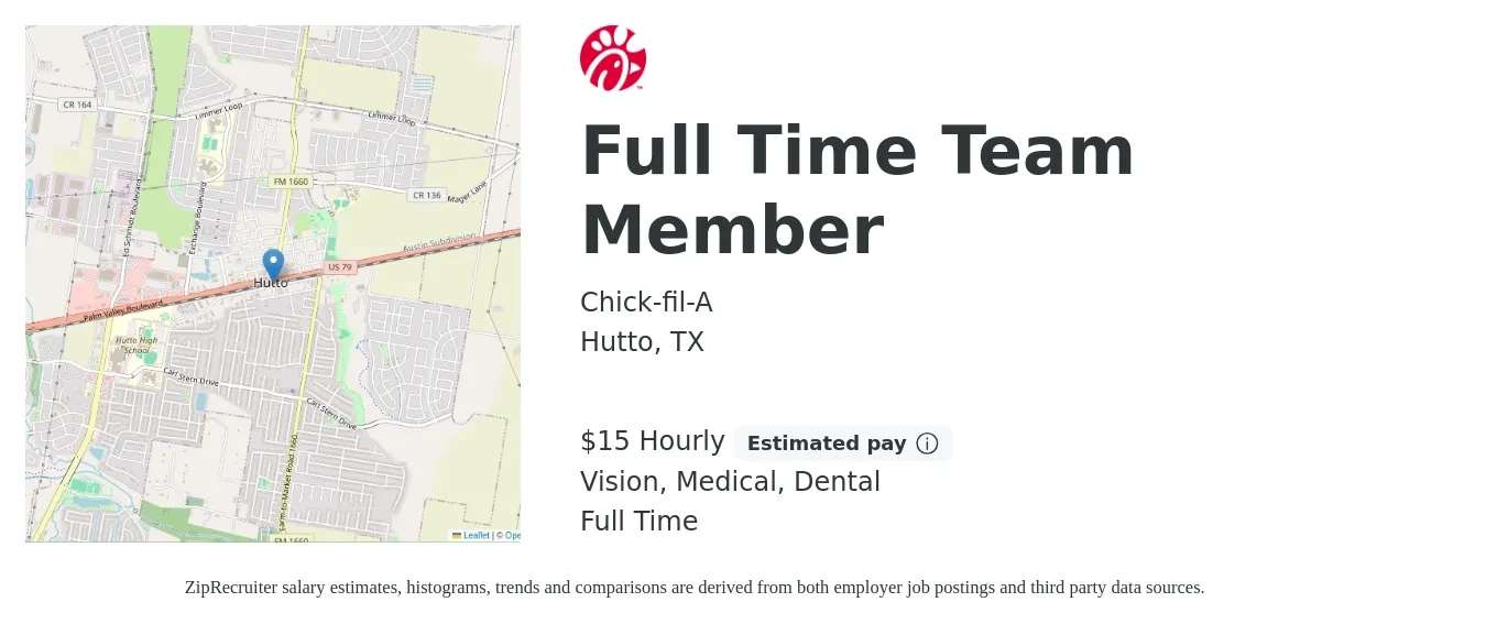 Chick-fil-A job posting for a Full Time Team Member in Hutto, TX with a salary of $16 Hourly with a map of Hutto location.