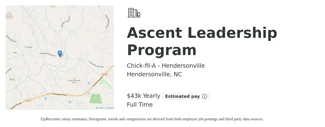 Chick-fil-A - Hendersonville job posting for a Ascent Leadership Program in Hendersonville, NC with a salary of $43,680 Yearly with a map of Hendersonville location.