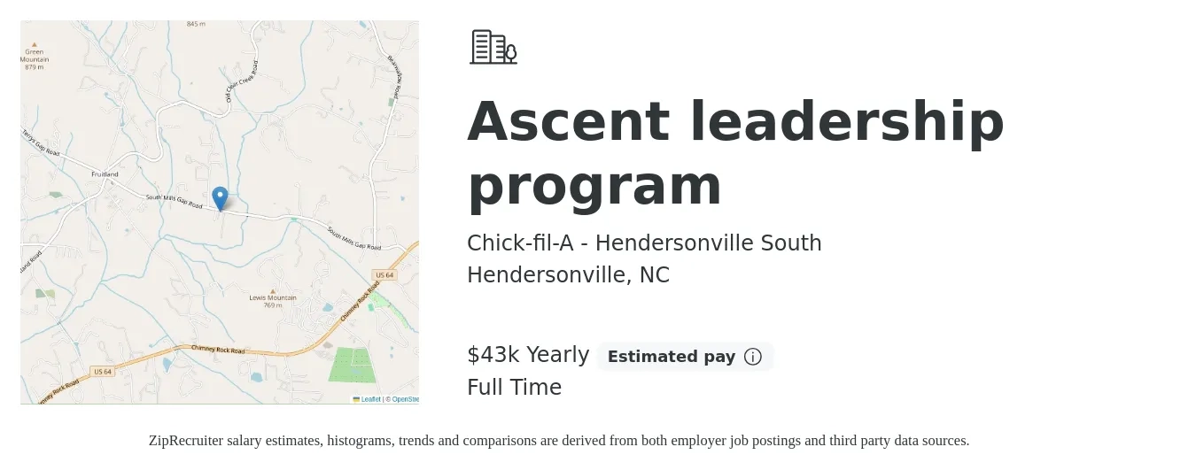 Chick-fil-A - Hendersonville South job posting for a Ascent leadership program in Hendersonville, NC with a salary of $43,680 Yearly with a map of Hendersonville location.