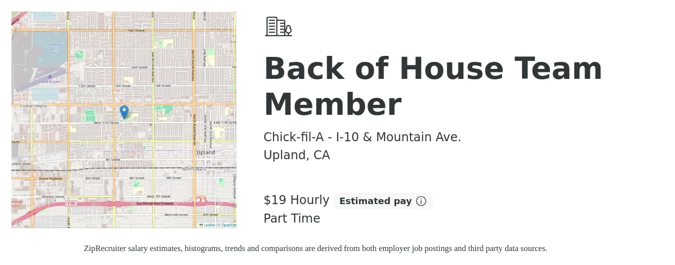 Chick-fil-A - I-10 & Mountain Ave. job posting for a Back of House Team Member in Upland, CA with a salary of $20 Hourly with a map of Upland location.