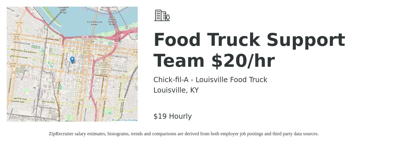 Chick-fil-A - Louisville Food Truck job posting for a Food Truck Support Team $20/hr in Louisville, KY with a salary of $20 Hourly with a map of Louisville location.