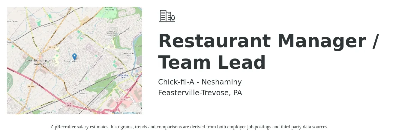 Chick-fil-A - Neshaminy job posting for a Restaurant Manager / Team Lead in Feasterville-Trevose, PA with a salary of $13 to $16 Hourly with a map of Feasterville-Trevose location.