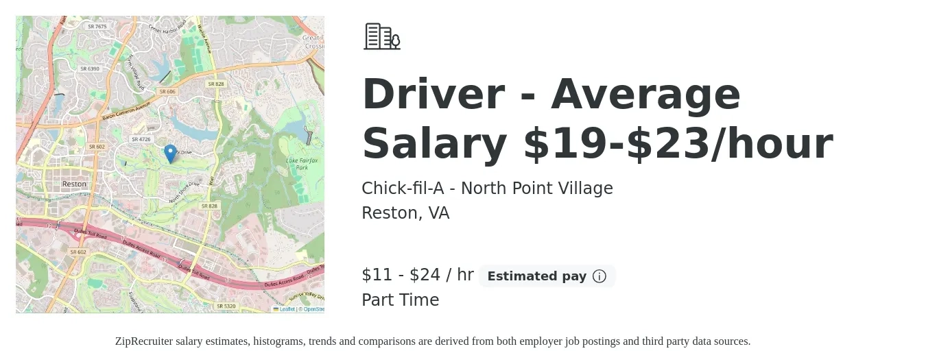 Chick-fil-A - North Point Village job posting for a Driver - Average Salary $19-$23/hour in Reston, VA with a salary of $12 to $25 Hourly with a map of Reston location.