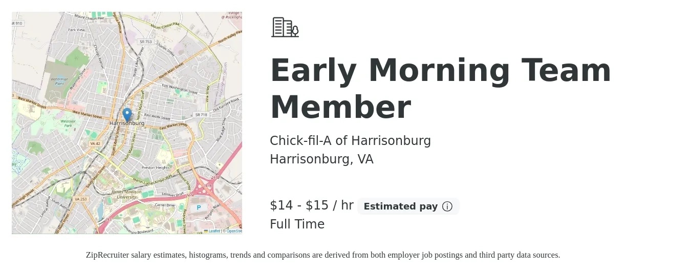 Chick-fil-A of Harrisonburg job posting for a Early Morning Team Member in Harrisonburg, VA with a salary of $15 to $16 Hourly with a map of Harrisonburg location.