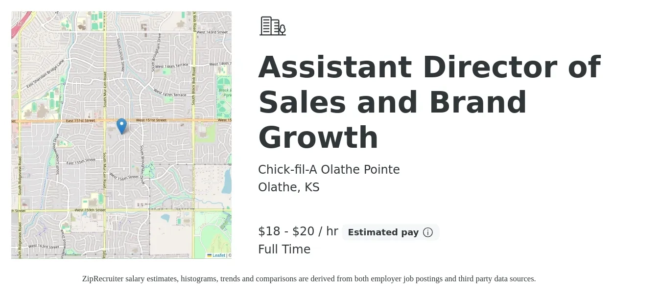 Chick-fil-A Olathe Pointe job posting for a Assistant Director of Sales and Brand Growth in Olathe, KS with a salary of $19 to $21 Hourly with a map of Olathe location.