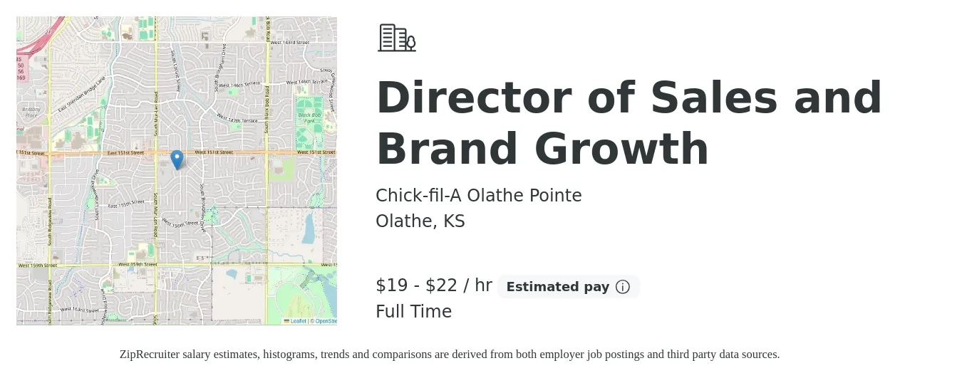 Chick-fil-A Olathe Pointe job posting for a Director of Sales and Brand Growth in Olathe, KS with a salary of $20 to $23 Hourly with a map of Olathe location.