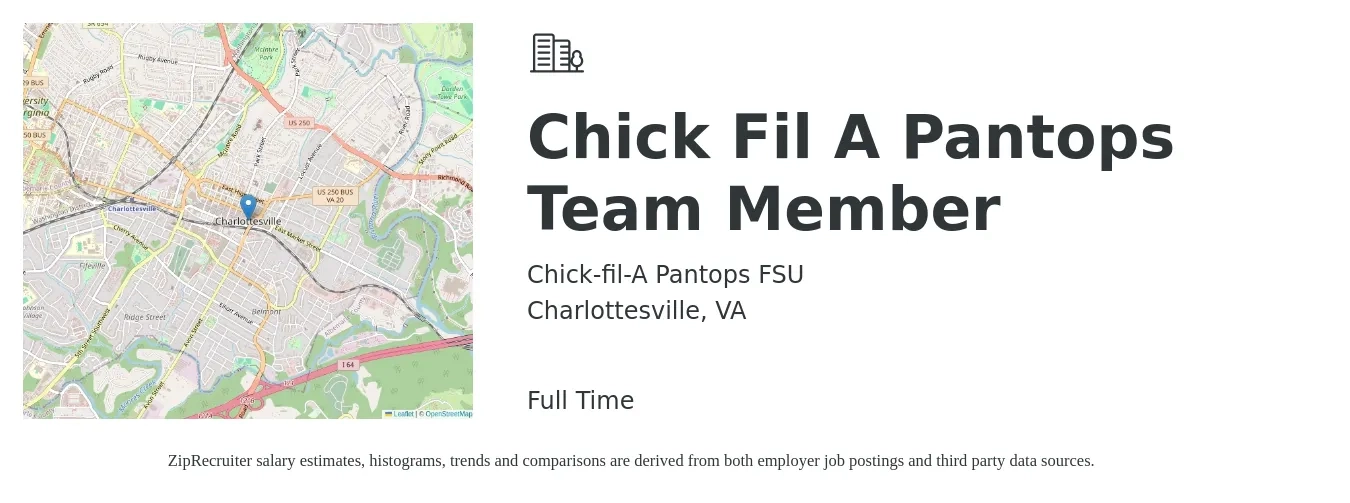 Chick-fil-A Pantops FSU job posting for a Chick Fil A Pantops Team Member in Charlottesville, VA with a salary of $12 to $16 Hourly with a map of Charlottesville location.