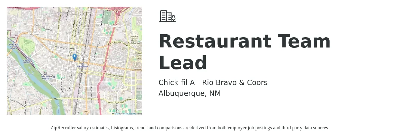 Chick-fil-A - Rio Bravo & Coors job posting for a Restaurant Team Lead in Albuquerque, NM with a salary of $13 to $16 Hourly with a map of Albuquerque location.