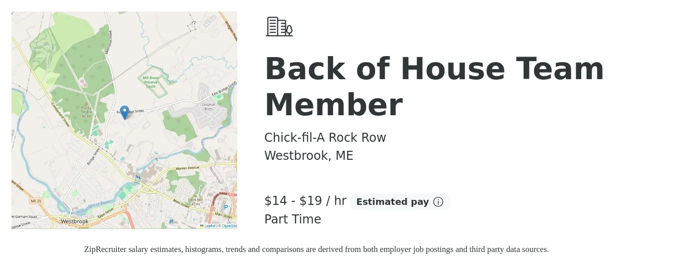 Chick-fil-A Rock Row job posting for a Back of House Team Member in Westbrook, ME with a salary of $15 to $20 Hourly with a map of Westbrook location.