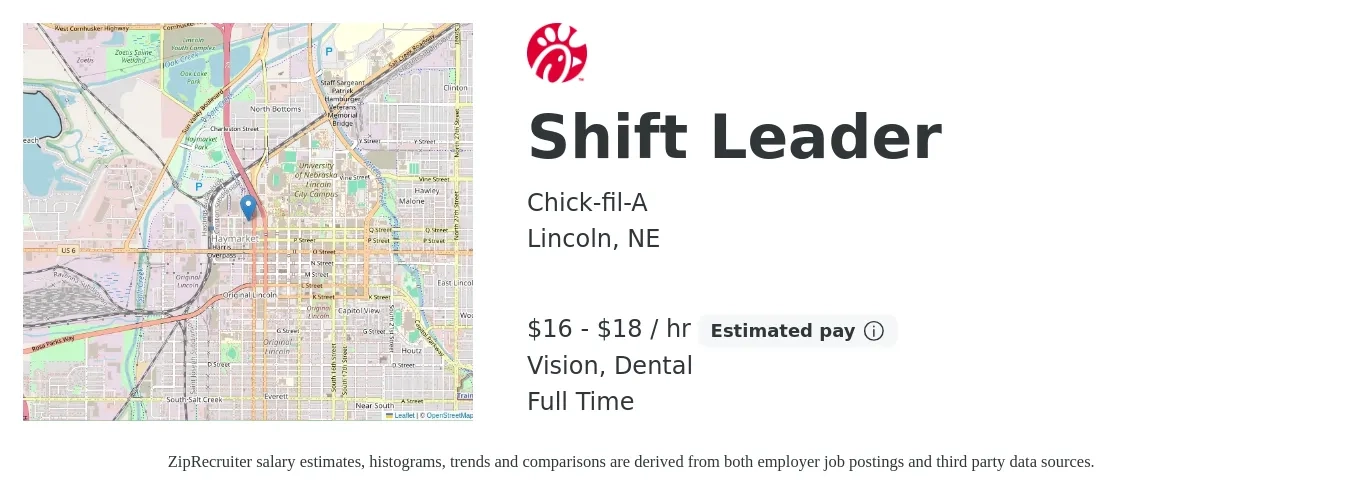 Chick-fil-A job posting for a Shift Leader in Lincoln, NE with a salary of $17 to $19 Hourly and benefits including retirement, vision, and dental with a map of Lincoln location.