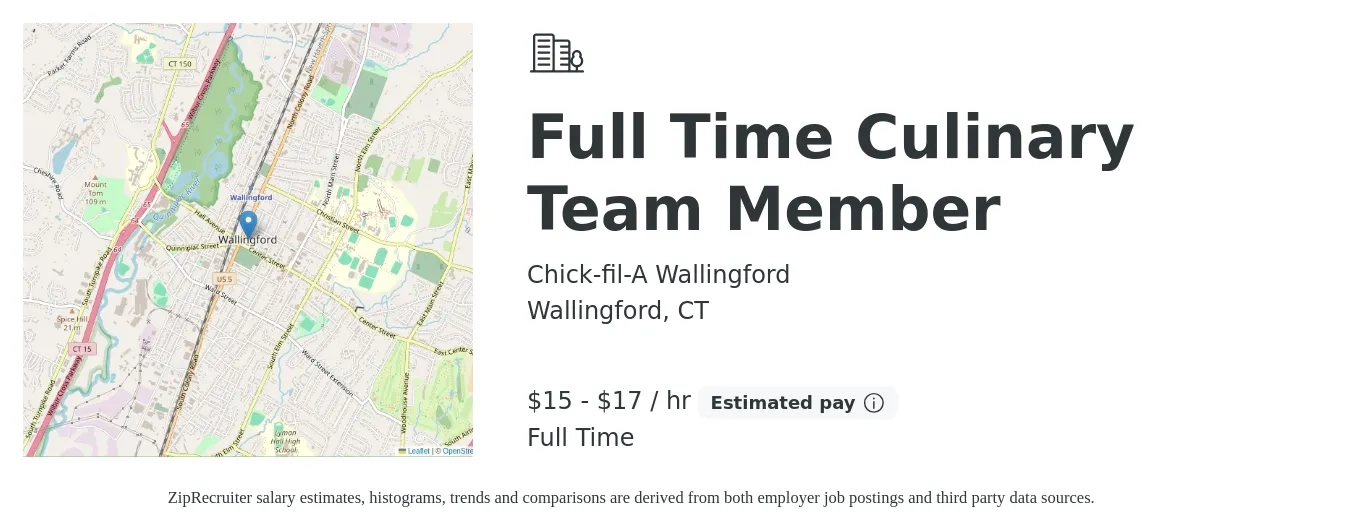 Chick-fil-A Wallingford job posting for a Full Time Culinary Team Member in Wallingford, CT with a salary of $16 to $18 Hourly with a map of Wallingford location.
