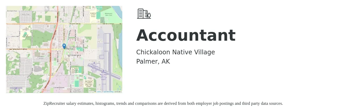 Chickaloon Native Village job posting for a Accountant in Palmer, AK with a salary of $52,800 to $77,500 Yearly with a map of Palmer location.