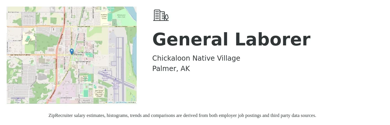 Chickaloon Native Village job posting for a General Laborer in Palmer, AK with a salary of $16 to $20 Hourly with a map of Palmer location.